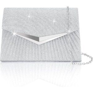 🆕Women Silver Polyester Sparkling Envelope Evening Bag w/Detachable Chain Purse